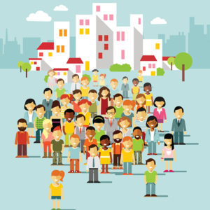 Vector illustration of people in front of a cityscape