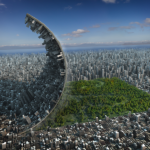 A surreal depiction of buildings lifting off a green forest like a carpet rolling up