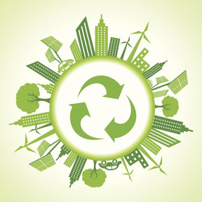 Eco cityscape around a recycle icon