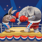 Cartoon depiction of mule and elephant in boxing ring ready to bout