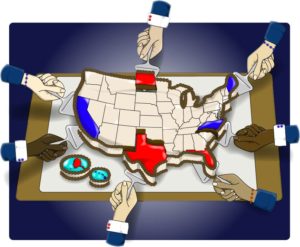Illustration of many hands using cake cutters to pull peices from a cake that is shaped as the United States of America
