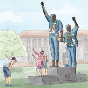 Illustration of an Olympics ceremony, in which a family poses for a photo beneath the statued winners holding their fists in the air.
